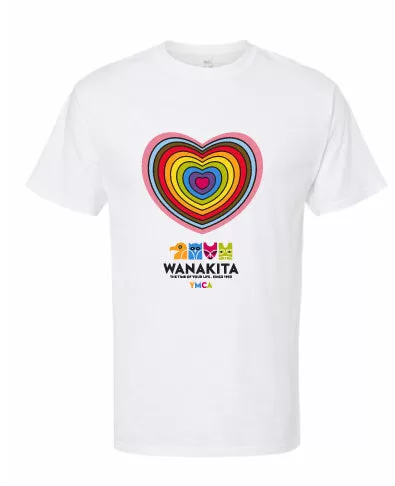 White t-shirt with rainbow heart centered on chest with Wanakita logo beneath it