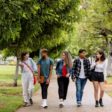 five young people walking together