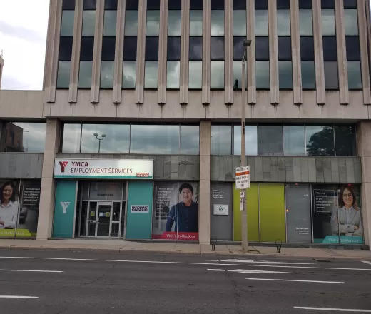 Front of YMCA Employment Services on Main Street in Hamilton